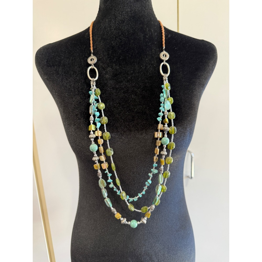 Boho Multi Strand Beaded Necklace Turquoise Green Shell Braided Cord Statement - Picture 2 of 5